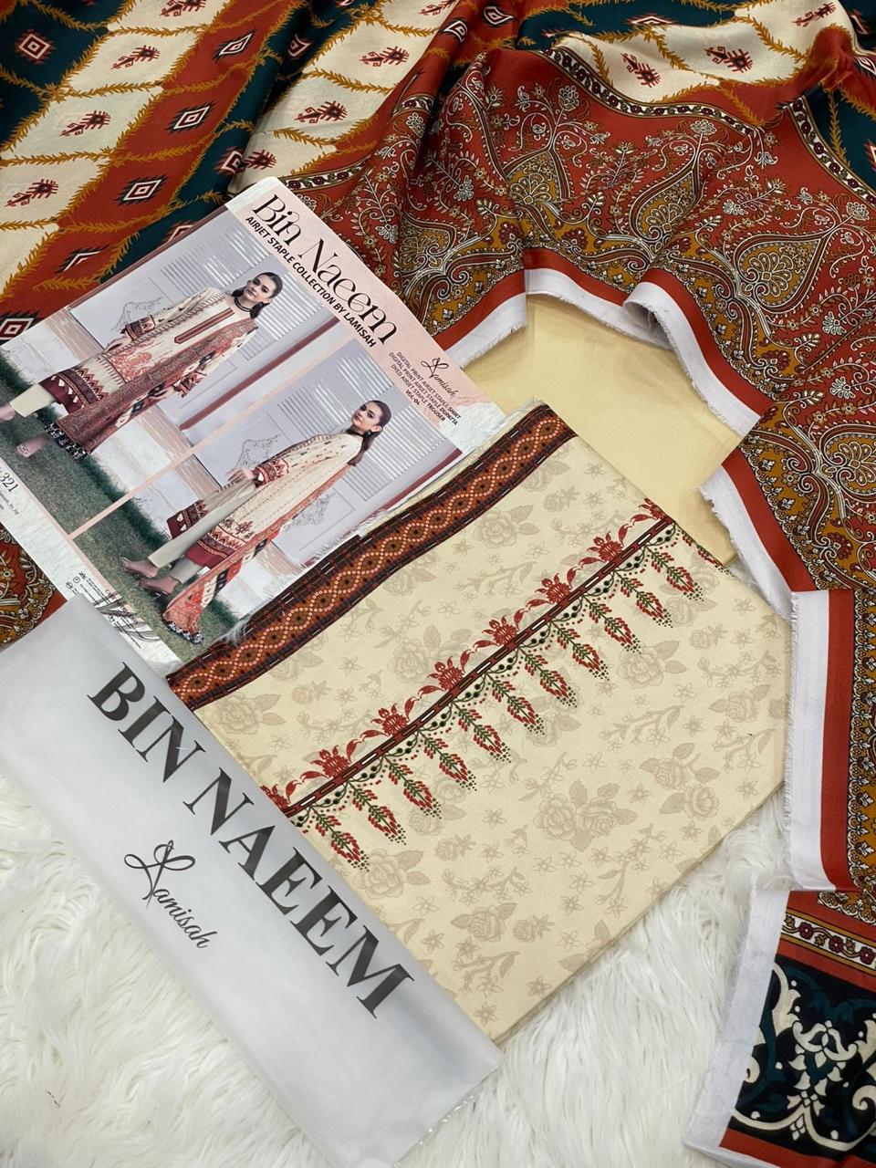 Bin Naeem 💯 Original 3-Piece Printed Linen Suit | Digital Printed Shirt, Dupatta & Trouser WA-15004