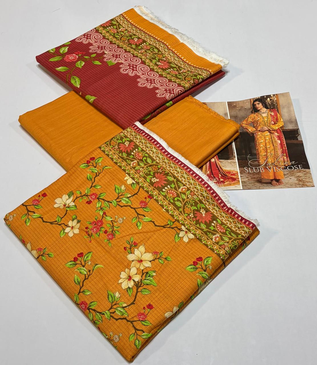 Regalia Original 3-Piece Printed Salina Slub Viscose Collection | Digital Printed Shirt, Dupatta & Dyed Trouser