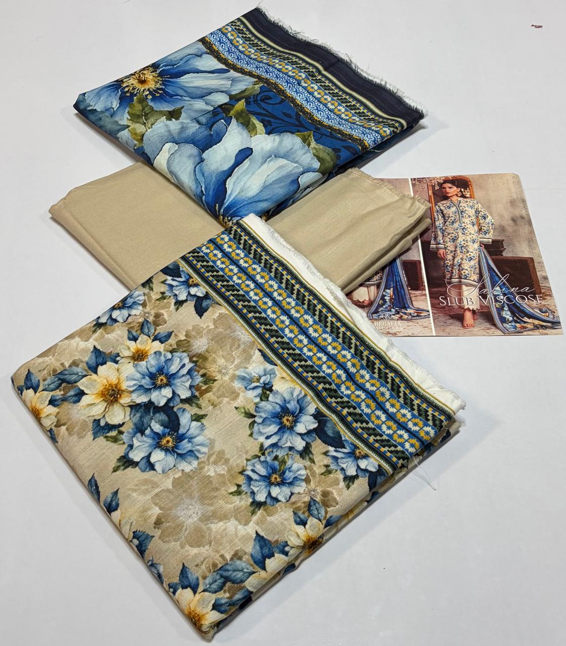 Regalia Original 3-Piece Printed Salina Slub Viscose Collection | Digital Printed Shirt, Dupatta & Dyed Trouser