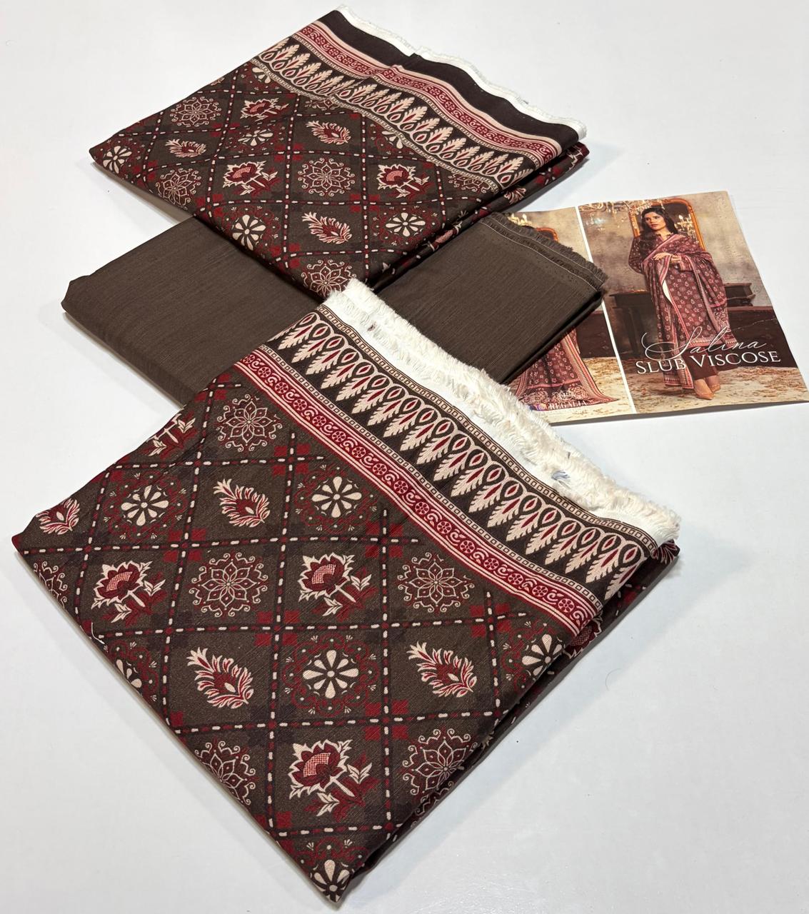 Regalia Original 3-Piece Printed Salina Slub Viscose Collection | Digital Printed Shirt, Dupatta & Dyed Trouser