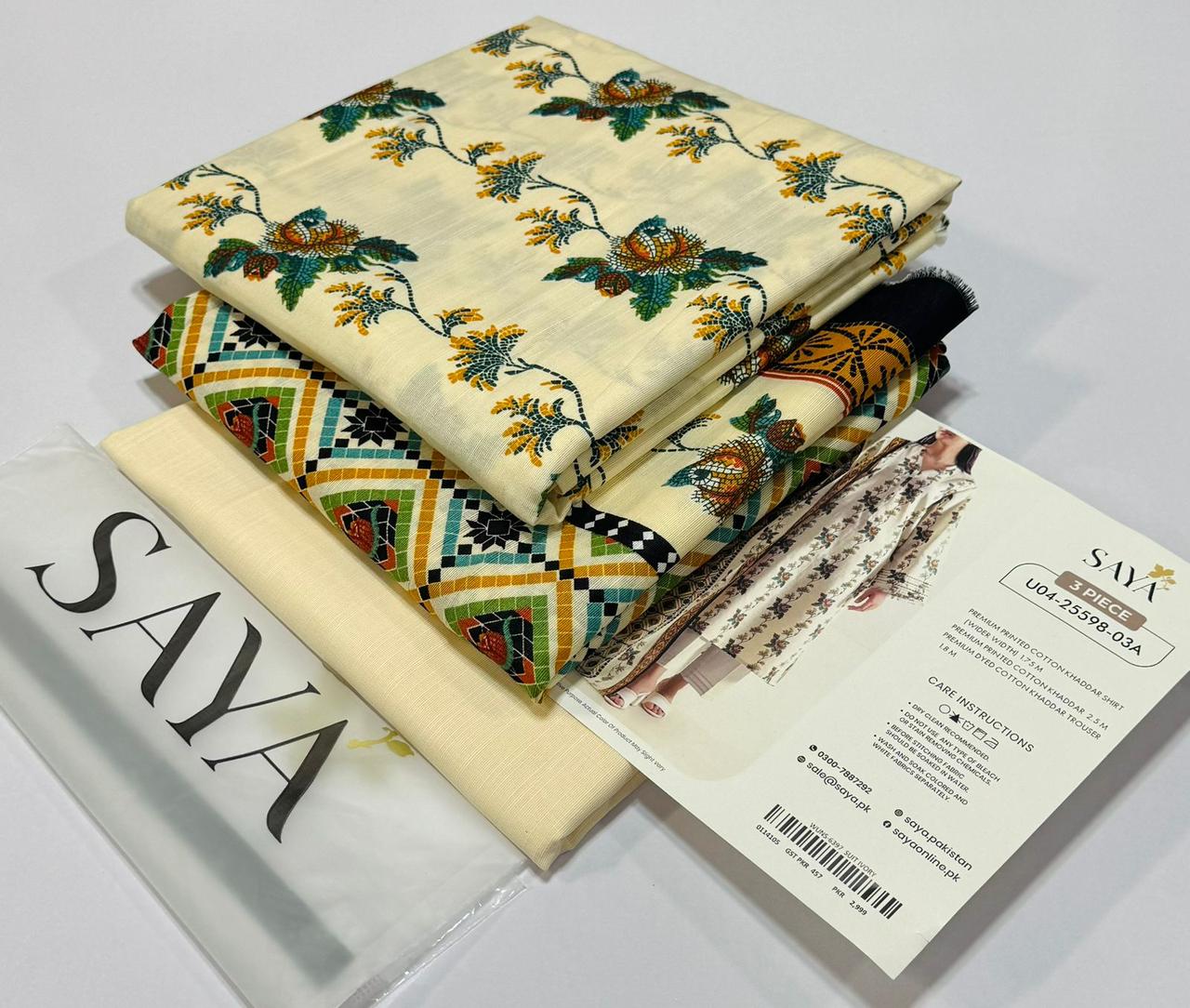 SAYA💯 Original Unstitched Printed Cotton Khaddar 3 Piece