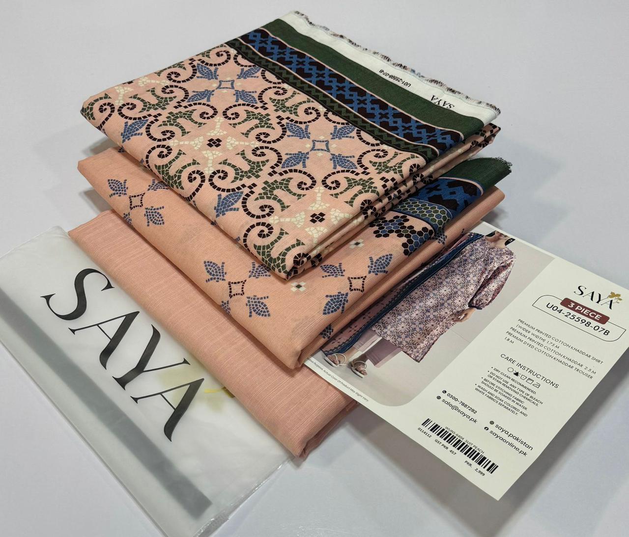 SAYA💯 Original Unstitched Printed Cotton Khaddar 3 Piece