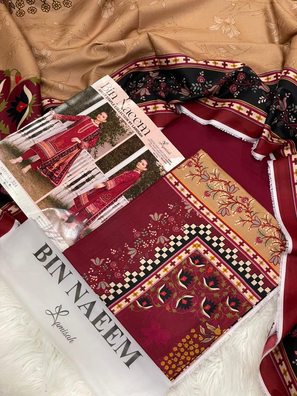 Bin Naeem 💯 Original 3-Piece Printed Linen Suit | Digital Printed Shirt, Dupatta & Trouser WA-15002