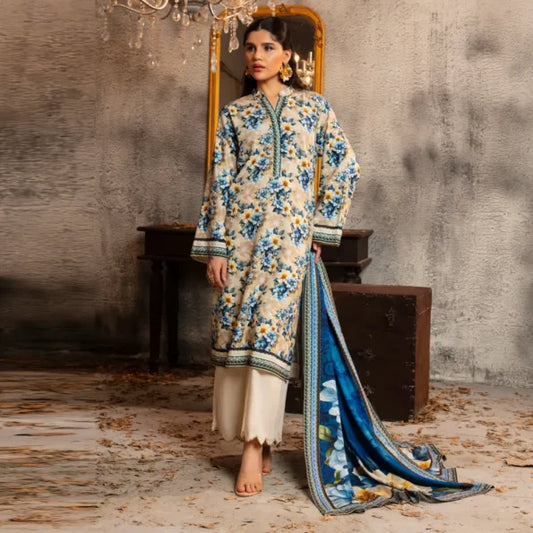 Regalia Original 3-Piece Printed Salina Slub Viscose Collection | Digital Printed Shirt, Dupatta & Dyed Trouser