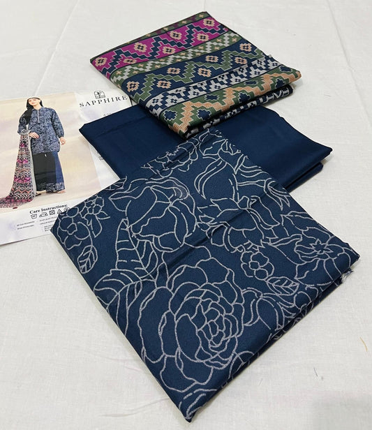 🩵 Sapphire 💯 Original 3-Piece Printed Dhanak Collection DK-0060