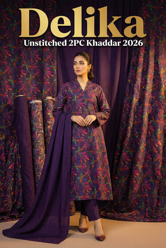 Delika's 💯 Original 2-Piece Khaddar| Digital Printed Shirt & Plain Trouser