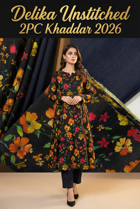 Delika's 💯 Original 2-Piece Khaddar| Digital Printed Shirt & Plain Trouser