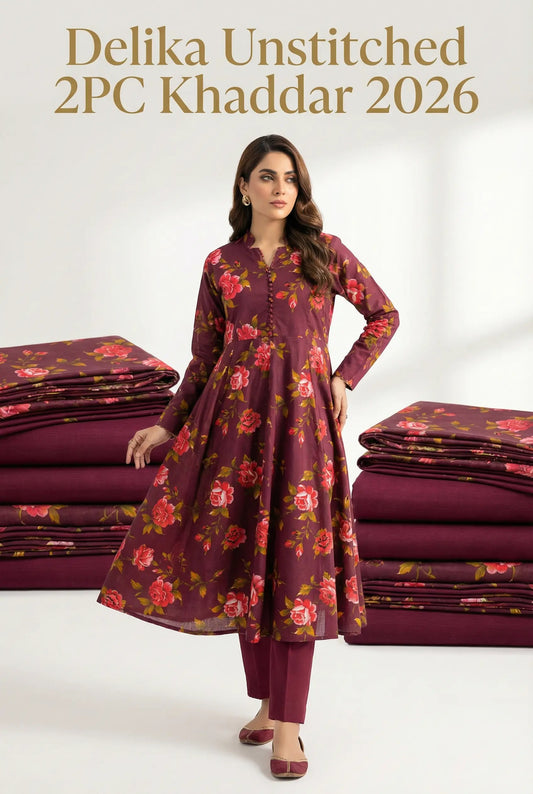 Delika's 💯 Original 2-Piece Khaddar| Digital Printed Shirt & Plain Trouser