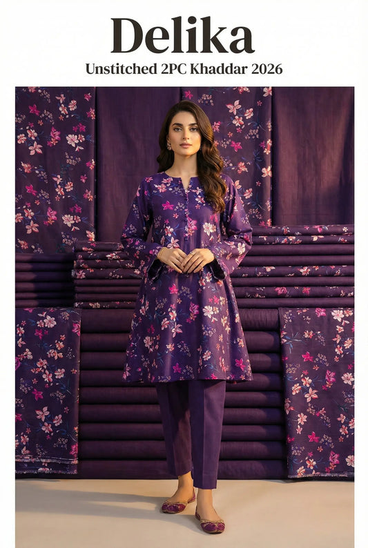 Delika's 💯 Original 2-Piece Khaddar| Digital Printed Shirt & Plain Trouser