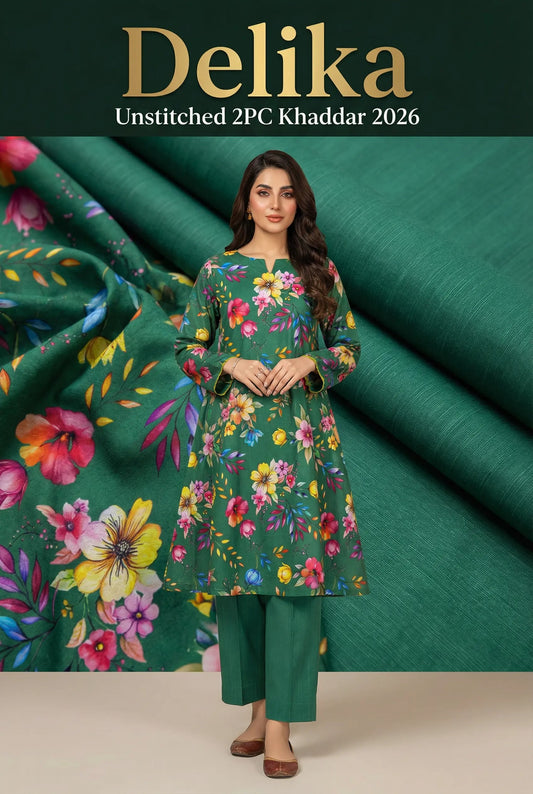 Delika's 💯 Original 2-Piece Khaddar| Digital Printed Shirt & Plain Trouser