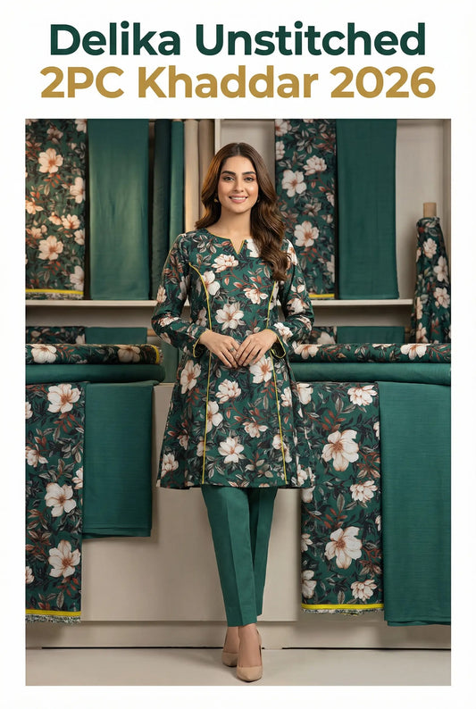 Delika's 💯 Original 2-Piece Khaddar| Digital Printed Shirt & Plain Trouser