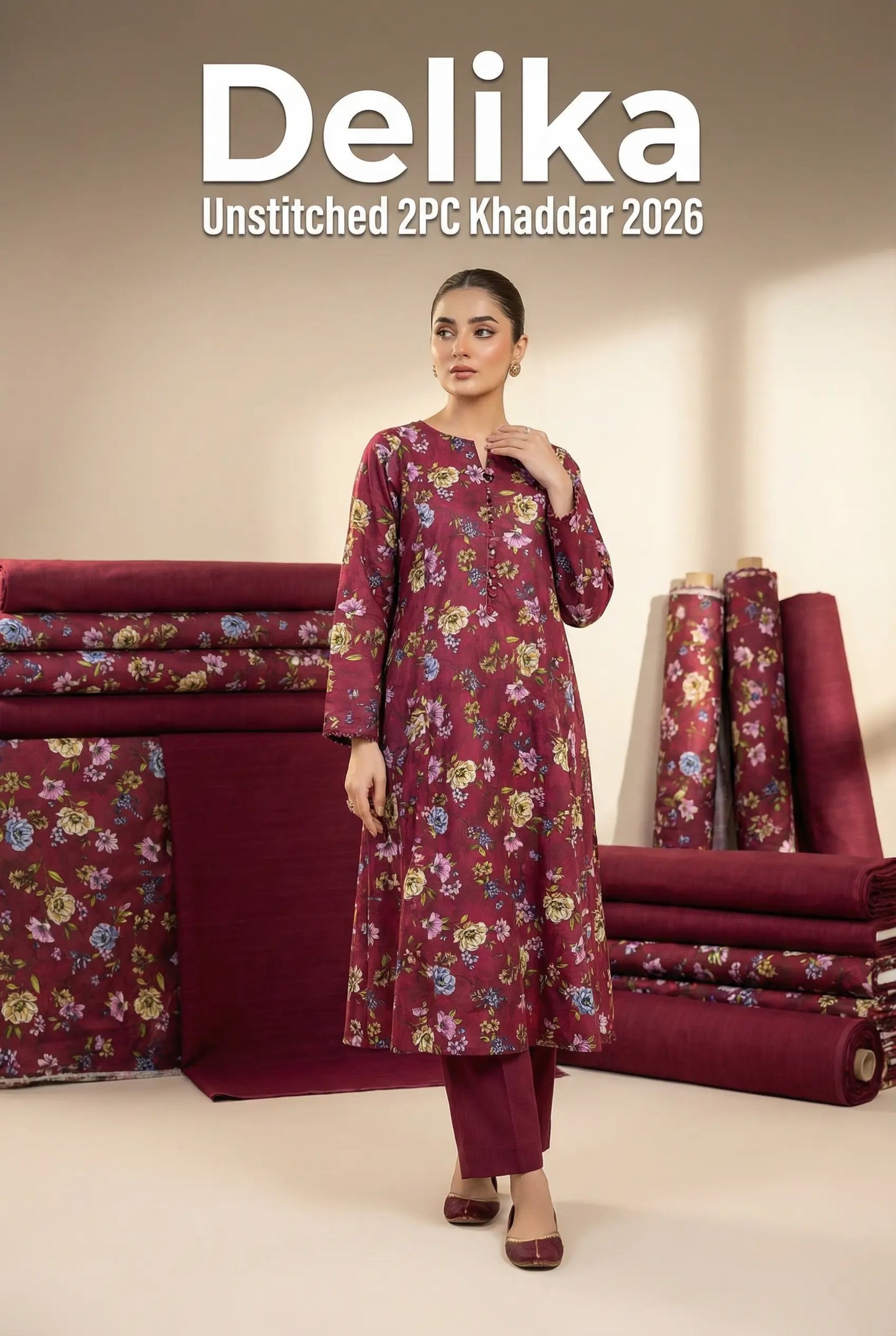 Delika's 💯 Original 2-Piece Khaddar| Digital Printed Shirt & Plain Trouser