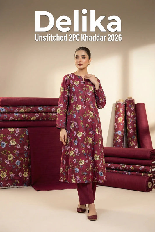 Delika's 💯 Original 2-Piece Khaddar| Digital Printed Shirt & Plain Trouser