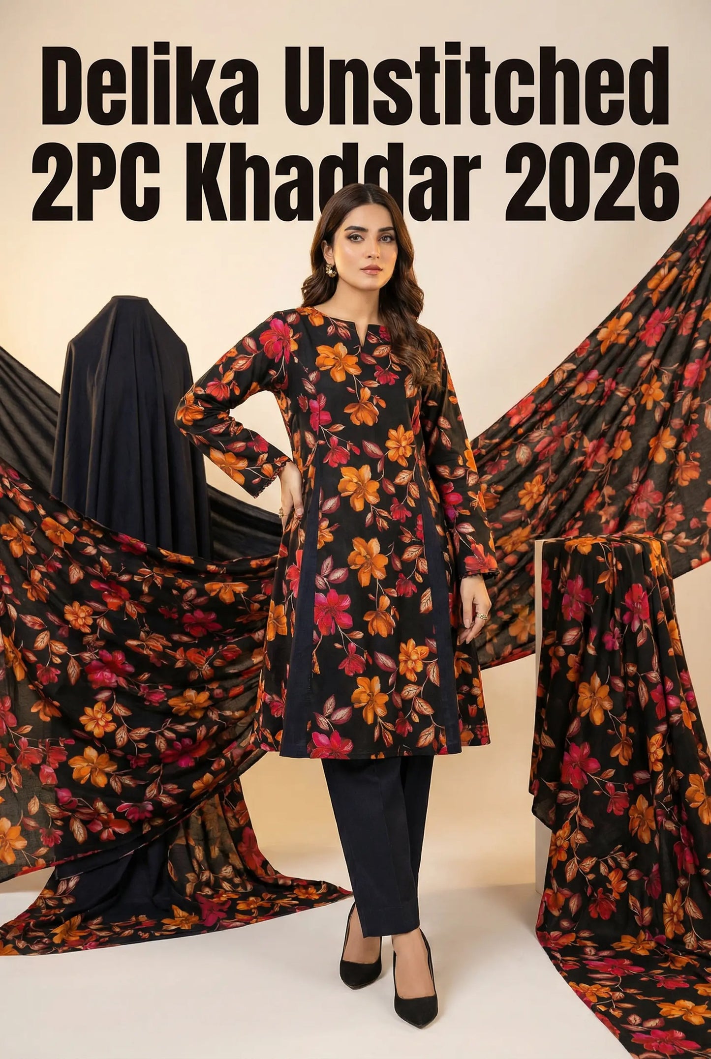 Delika's 💯 Original 2-Piece Khaddar| Digital Printed Shirt & Plain Trouser