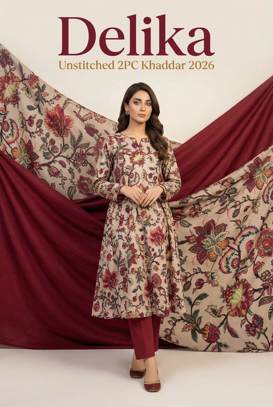 Delika's 💯 Original 2-Piece Khaddar| Digital Printed Shirt & Plain Trouser