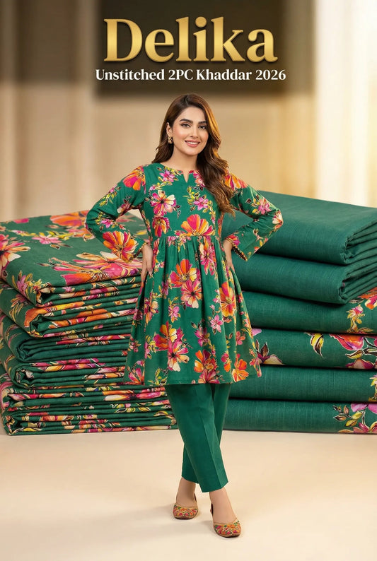 Delika's 💯 Original 2-Piece Khaddar| Digital Printed Shirt & Plain Trouser