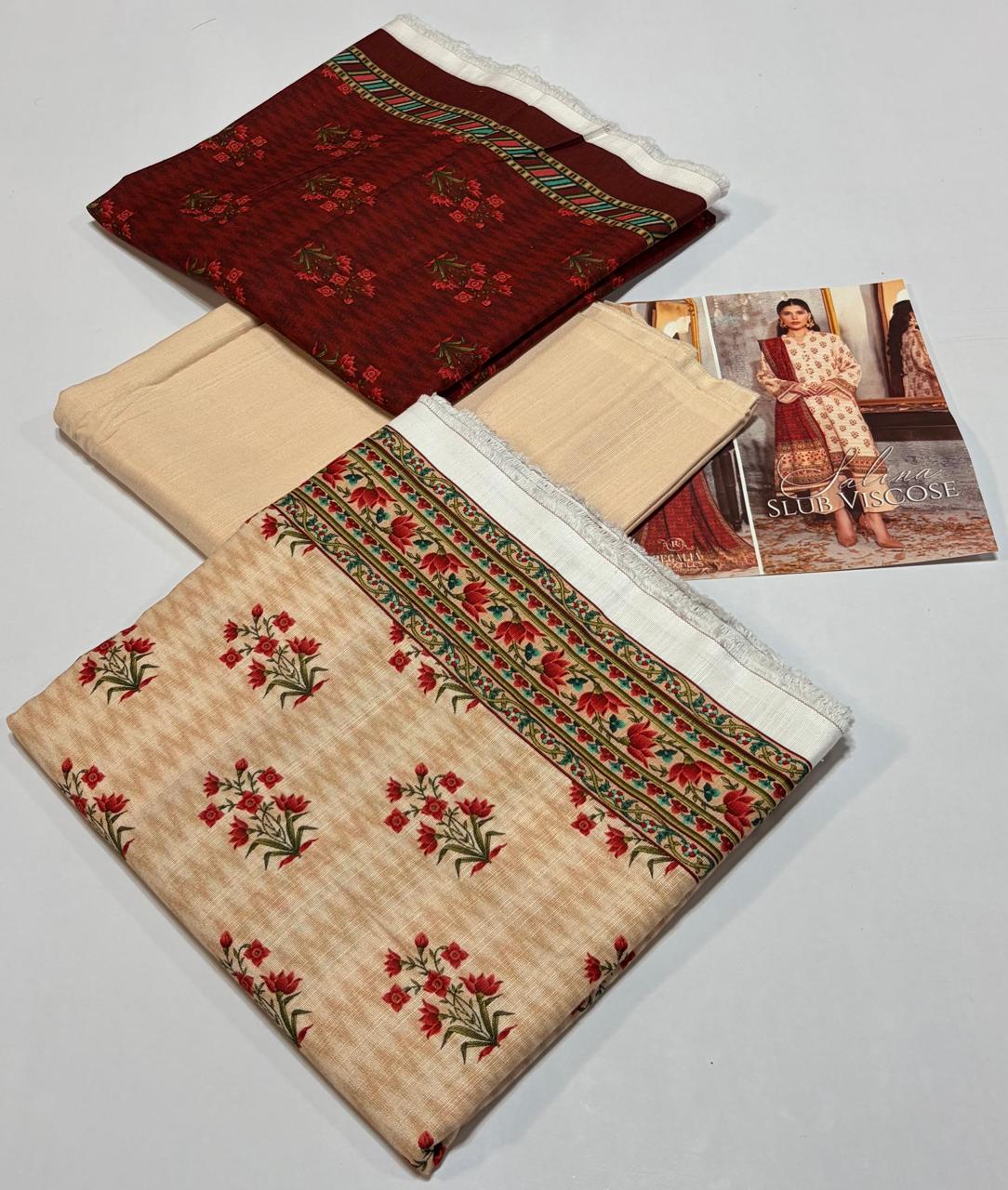 Regalia Original 3-Piece Printed Salina Slub Viscose Collection | Digital Printed Shirt, Dupatta & Dyed Trouser