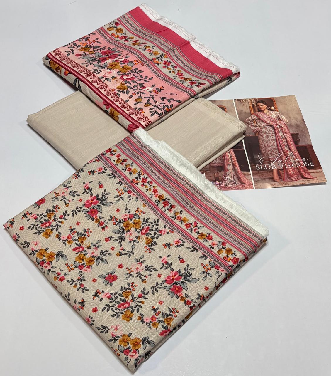 Regalia Original 3-Piece Printed Salina Slub Viscose Collection | Digital Printed Shirt, Dupatta & Dyed Trouser