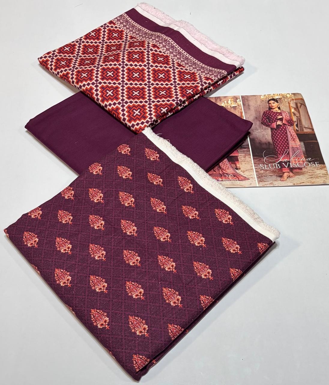 Regalia Original 3-Piece Printed Salina Slub Viscose Collection | Digital Printed Shirt, Dupatta & Dyed Trouser