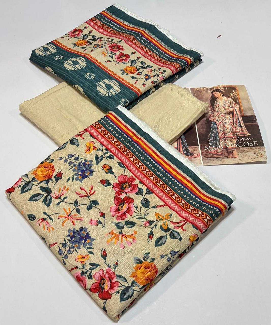 Regalia Original 3-Piece Printed Salina Slub Viscose Collection | Digital Printed Shirt, Dupatta & Dyed Trouser