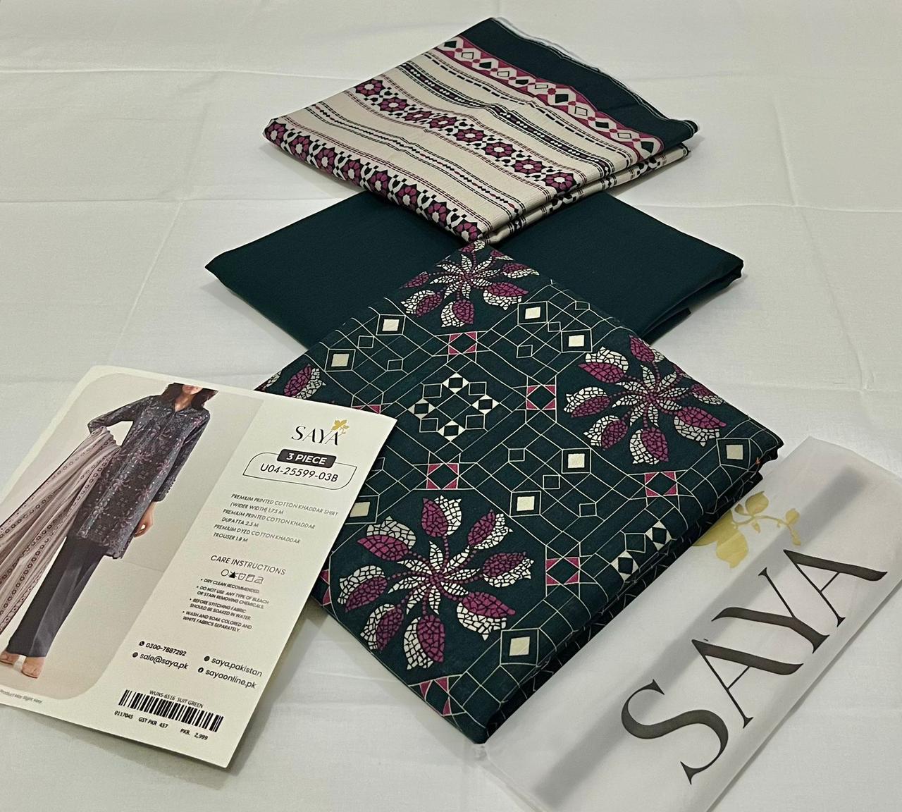 SAYA💯 Original Unstitched Printed Cotton Khaddar 3 Piece